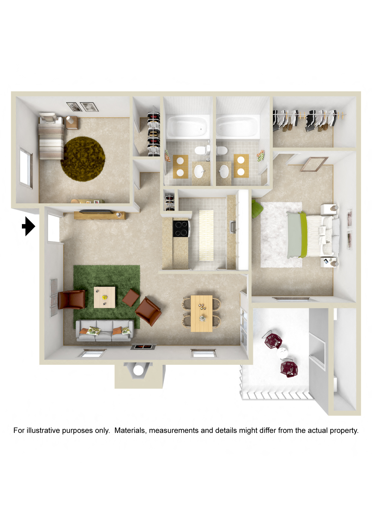 Floor plan for 2 beds, 2 baths, 927 sqft
